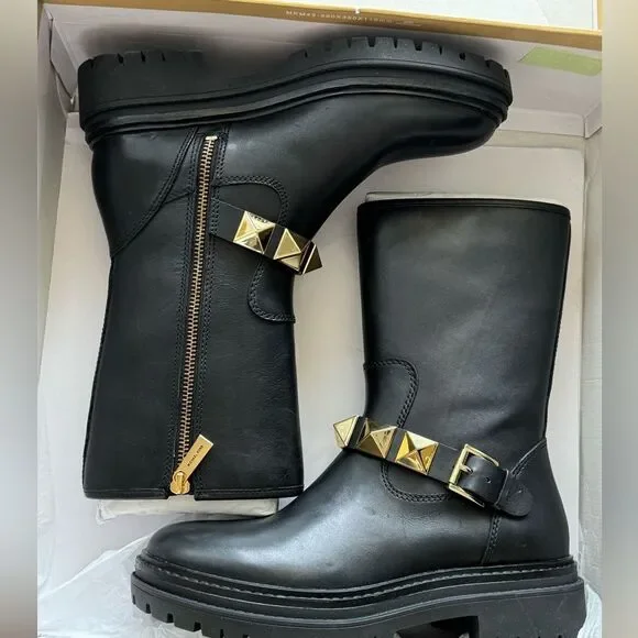 NEW Michael Kors Layton Leather boots with  gold studs short booties sz 6.5 - Picture 3 of 16